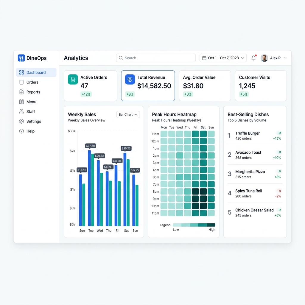 Dashboard de analítica IA de Restro con métricas de ventas y predicciones